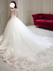 Ball Gown Bateau Court Train Tulle Corset Wedding Dresses With Appliques Lace outfit, Wedding Dresses Sleeve Lace