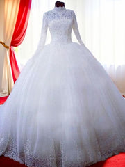 Ball-Gown High Neck Long Sleeves Lace Chapel Train Tulle Corset Wedding Dress outfit, Wedding Dress Beach