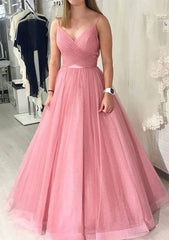 Ball Gown Long/Floor-Length Sparkling Tulle Corset Prom Dress With Pleated Gowns, Prom Dress Simple