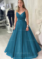 Ball Gown Long/Floor-Length Sparkling Tulle Corset Prom Dress With Pleated Gowns, Prom Dresses With Slit