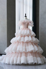 Ball Gown Off Shoulder Pink Tulle Long Corset Prom Dress, Sweet 16 Dress outfit, Dream Dress