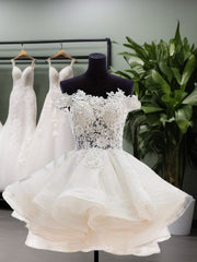 Ball-Gown Off-the-Shoulder Appliques Lace Short/Mini Organza Dress outfit, Bridesmaids Dresses Beach Wedding