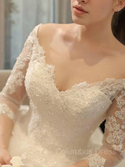Ball Gown Off-the-Shoulder Cathedral Train Tulle Corset Wedding Dresses With Beading outfit, Wedding Dresses Winter
