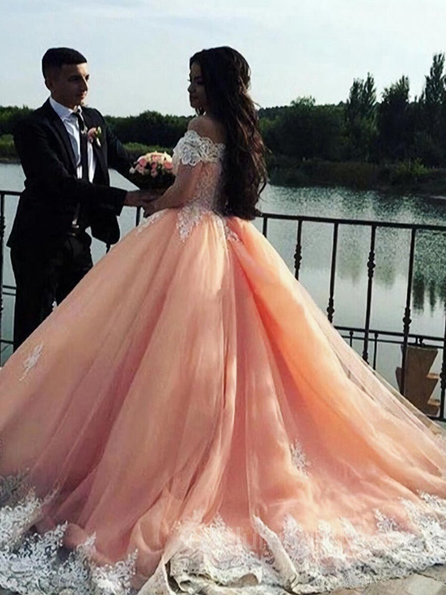 Ball Gown Off-the-Shoulder Court Train Tulle Corset Prom Dresses With Appliques Lace outfit, Party Dresses Online Shopping