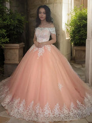Ball Gown Off-the-Shoulder Court Train Tulle Corset Prom Dresses With Appliques Lace outfit, Party Dresses Online Shop