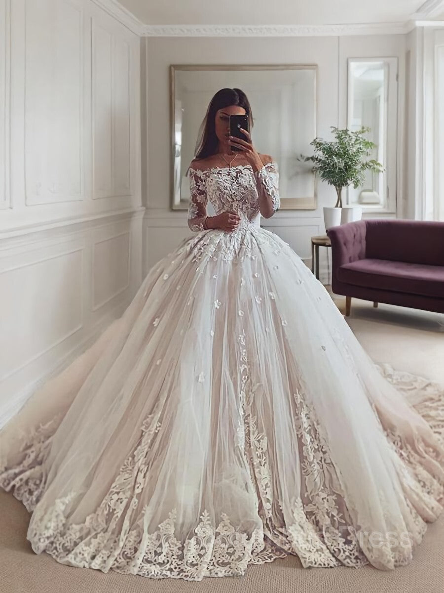 Ball Gown Off-the-Shoulder Chapel Train Tulle Corset Wedding Dresses With Appliques Lace outfit, Wedding Dress Backs
