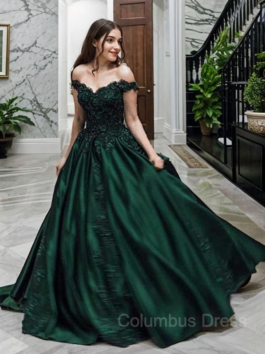 Ball Gown Off-the-Shoulder Floor-Length Satin Corset Prom Dresses With Appliques Lace outfit, Bridesmaid Dress Fall Wedding