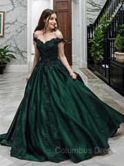 Ball Gown Off-the-Shoulder Floor-Length Satin Corset Prom Dresses With Appliques Lace outfit, Bridesmaid Dress Fall Wedding