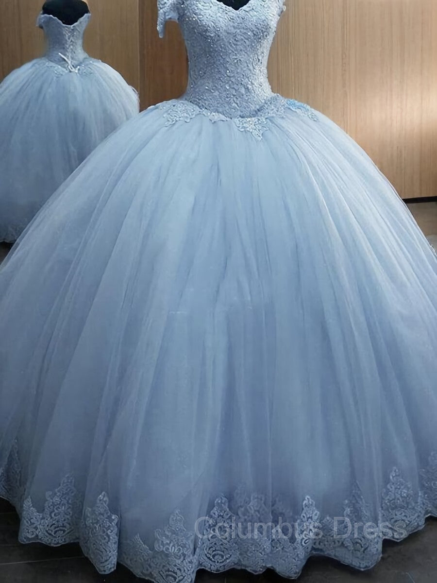 Ball Gown Off-the-Shoulder Floor-Length Tulle Corset Prom Dresses With Appliques Lace outfit, Prom Dresses With Shorts