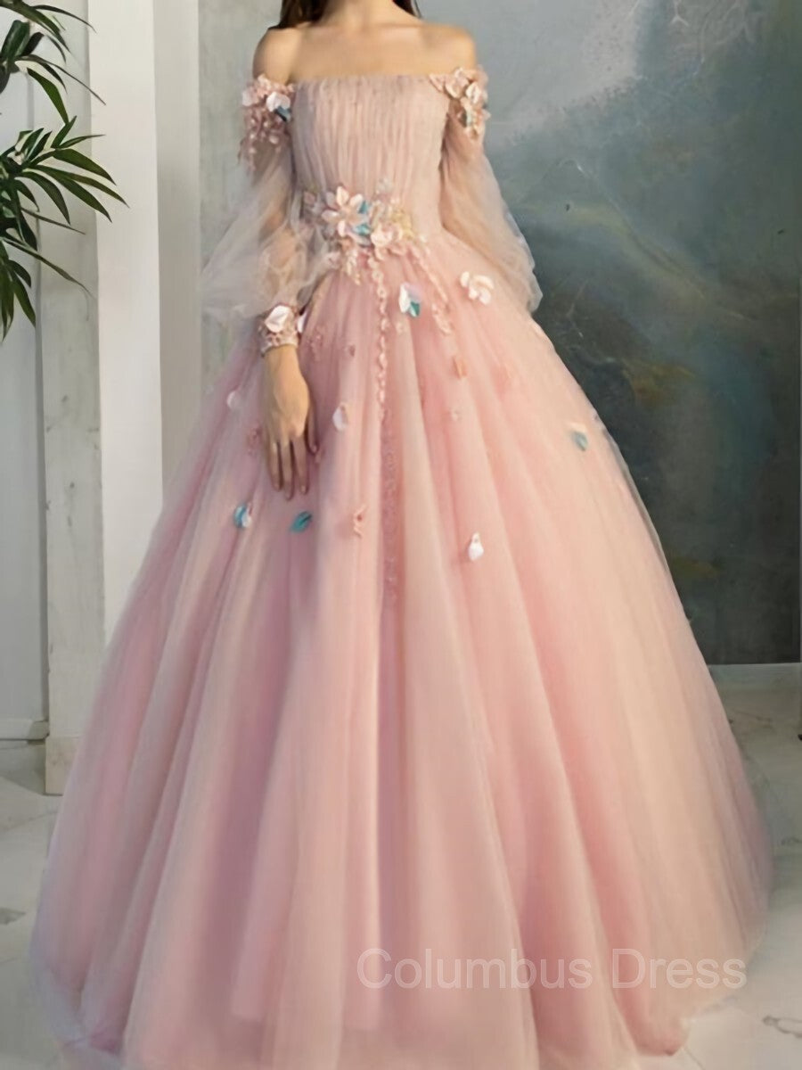 Ball Gown Off-the-Shoulder Floor-Length Tulle Corset Prom Dresses With Flower outfit, Party Dresses Ladies