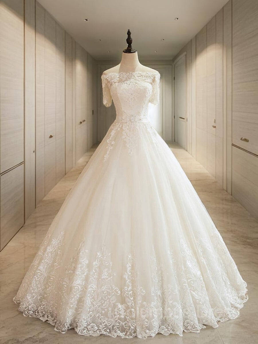 Ball Gown Off-the-Shoulder Floor-Length Tulle Corset Wedding Dresses With Appliques Lace outfit, Wedding Dresses Inspo
