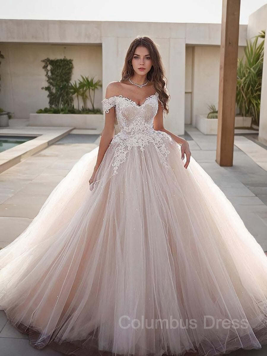 Ball Gown Off-the-Shoulder Floor-Length Tulle Corset Wedding Dresses With Appliques Lace outfit, Wedding Dresse Boho
