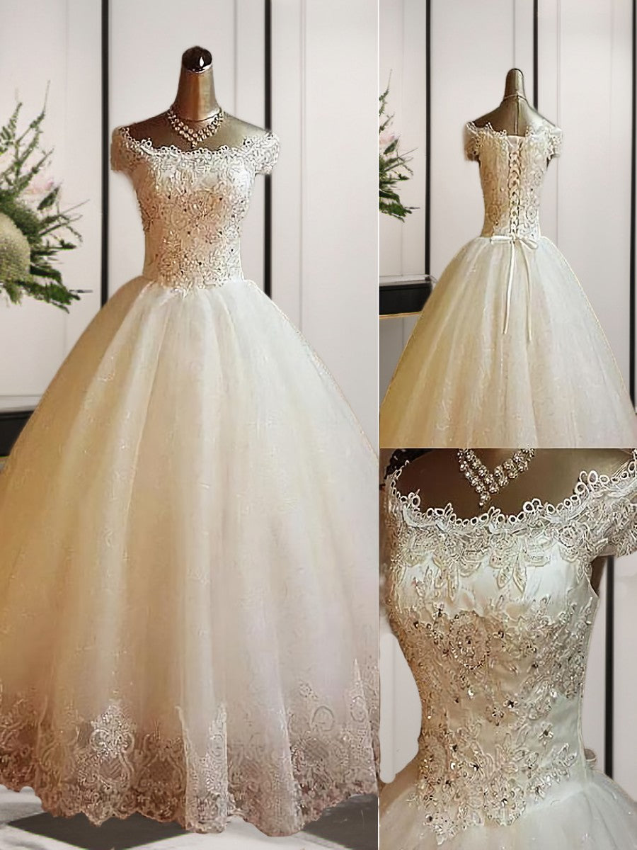 Ball-Gown Off-the-Shoulder Sequin Floor-Length Tulle Corset Wedding Dress outfit, Wedding Dress Elegant