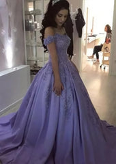Ball Gown Off-the-Shoulder Sleeveless Sweep Train Satin Corset Prom Dress With Appliqued Beading outfit, Prom Dress Casual
