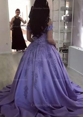 Ball Gown Off-the-Shoulder Sleeveless Sweep Train Satin Corset Prom Dress With Appliqued Beading outfit, Prom Dresses Sale