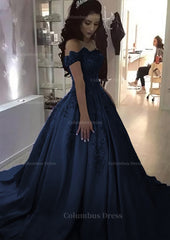 Ball Gown Off-the-Shoulder Sleeveless Sweep Train Satin Corset Prom Dress With Appliqued Beading outfit, Prom Dress Sales