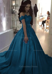 Ball Gown Off-the-Shoulder Sleeveless Sweep Train Satin Corset Prom Dress With Appliqued Beading outfit, Prom Dress Red