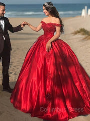 Ball Gown Off-the-Shoulder Sweep Train Satin Corset Prom Dresses With Appliques Lace outfit, Prom Dresses Ball Gowns