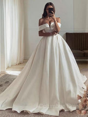 Ball Gown Off-the-Shoulder Sweep Train Satin Corset Wedding Dresses outfit, Wedding Dress Style