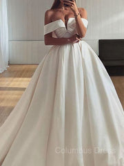 Ball Gown Off-the-Shoulder Sweep Train Satin Corset Wedding Dresses outfit, Wedding Dresses Ball Gown