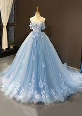 Ball Gown Off-the-Shoulder Sweep Train Tulle Corset Prom Dress With Appliqued Gowns, Prom Dresses For Adults