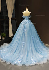 Ball Gown Off-the-Shoulder Sweep Train Tulle Corset Prom Dress With Appliqued Gowns, Prom Dress Places Near Me