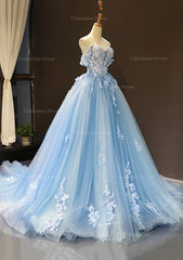 Ball Gown Off-the-Shoulder Sweep Train Tulle Corset Prom Dress With Appliqued Gowns, Prom Dresses For 2021