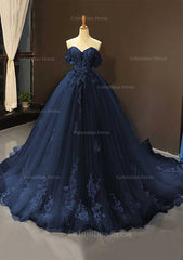 Ball Gown Off-the-Shoulder Sweep Train Tulle Corset Prom Dress With Appliqued Gowns, Prom Dresses Purple