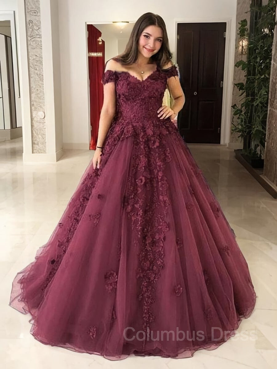 Ball Gown Off-the-Shoulder Sweep Train Tulle Corset Prom Dresses With Appliques Lace outfit, Prom Dresses For Adults