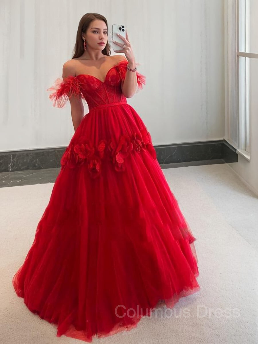 Ball Gown Off-the-Shoulder Sweep Train Tulle Corset Prom Dresses With Flower outfit, Homecoming Dresses Business Casual Outfits