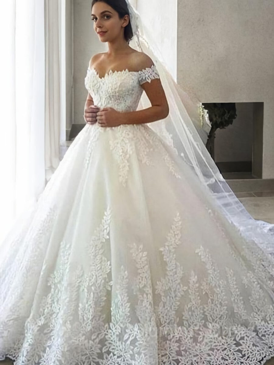 Ball Gown Off-the-Shoulder Sweep Train Tulle Corset Wedding Dresses With Appliques Lace outfit, Wedding Dresses Classy