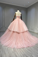 Ball Gown Pink Tulle Strapless Long Corset Prom Evening Dress, Pink Sweet 16 Dress outfit, Stunning Dress