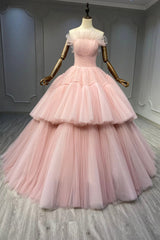 Ball Gown Pink Tulle Strapless Long Corset Prom Evening Dress, Pink Sweet 16 Dress outfit, Prom Dress Sleeve