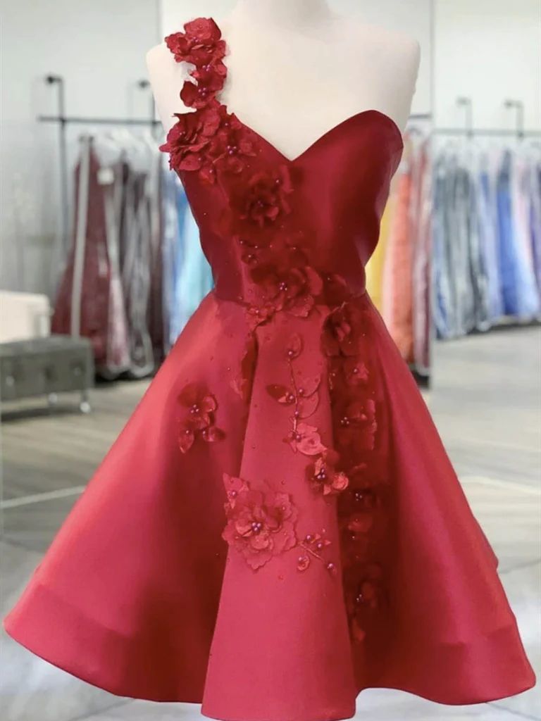 Ball Gown Red Hand-Made Flowers Satin One Shoulder Sleeveless Short Corset Homecoming Dresses outfit, Bridesmaids Dresses With Sleeves