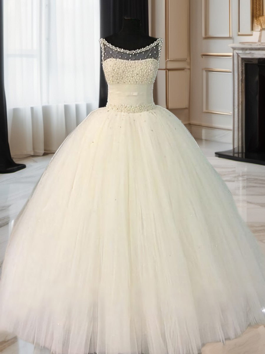 Ball-Gown Scoop Beading Floor-Length Tulle Corset Wedding Dress outfit, Wedding Dresses Romantic