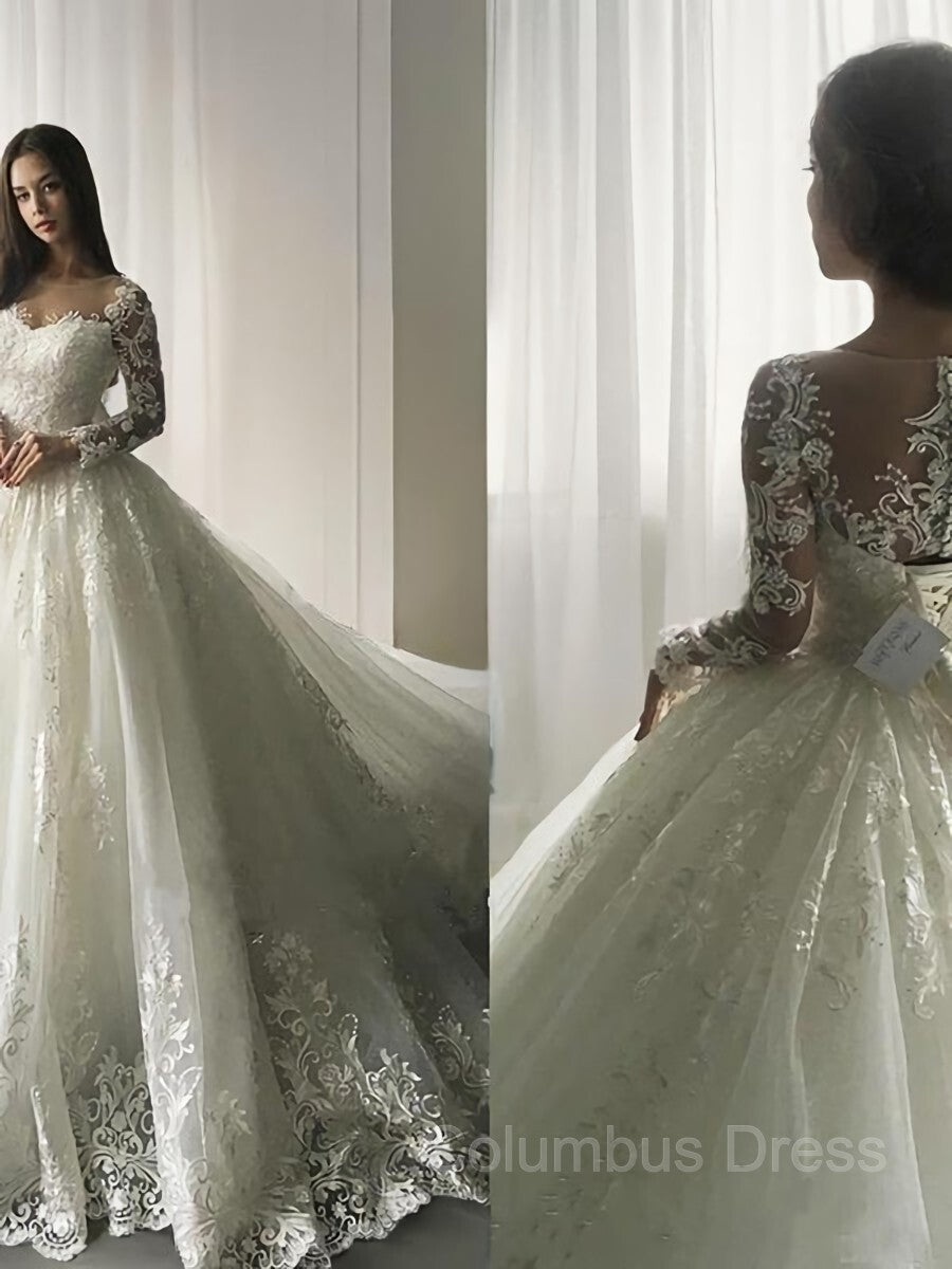 Ball Gown Scoop Court Train Tulle Corset Wedding Dresses With Appliques Lace outfit, Wedding Dresses Lace A Line