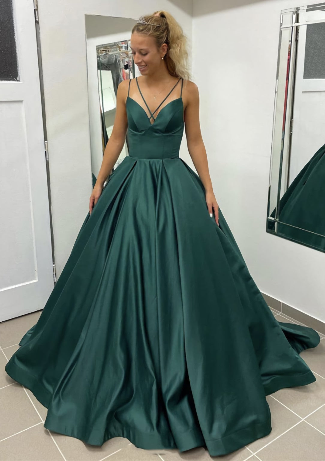 Ball Gown Sleeveless Scalloped Neck Sweep Train Satin Corset Prom Dress With Pleated Pockets Gowns, Prom Dresses Pink