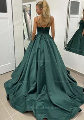 Ball Gown Sleeveless Scalloped Neck Sweep Train Satin Corset Prom Dress With Pleated Pockets Gowns, Prom Dress Designer
