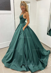 Ball Gown Sleeveless Scalloped Neck Sweep Train Satin Corset Prom Dress With Pleated Pockets Gowns, Prom Dresses Designer