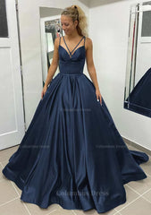 Ball Gown Sleeveless Scalloped Neck Sweep Train Satin Corset Prom Dress With Pleated Pockets Gowns, Prom Dress Design