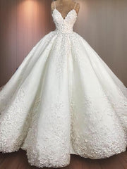 Ball-Gown Spaghetti Straps Applique Floor-Length Satin Corset Wedding Dress outfit, Wedding Dress Sleeves