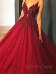 Ball Gown Spaghetti Straps Sweep Train Tulle Corset Prom Dresses With Appliques Lace outfit, Bridesmaids Dresses Summer Wedding