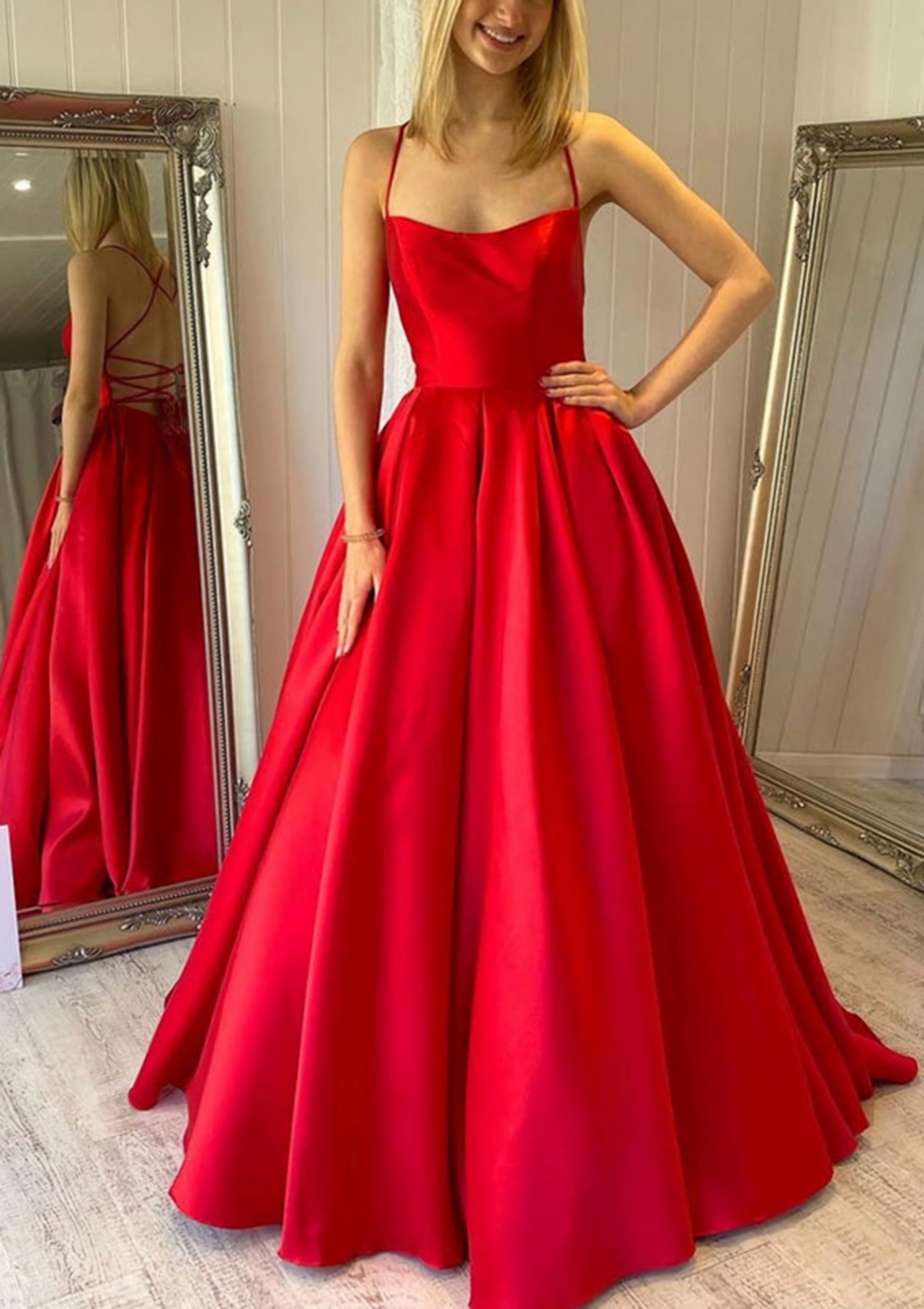 Ball Gown Square Neckline Sleeveless Satin Sweep Train Corset Prom Dress With Pleated Pockets Gowns, Night Club Outfit