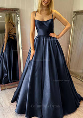 Ball Gown Square Neckline Sleeveless Satin Sweep Train Corset Prom Dress With Pleated Pockets Gowns, Prom Aesthetic