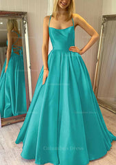 Ball Gown Square Neckline Sleeveless Satin Sweep Train Corset Prom Dress With Pleated Pockets Gowns, Design Dress Casual