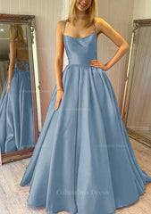 Ball Gown Square Neckline Sleeveless Satin Sweep Train Corset Prom Dress With Pleated Pockets Gowns, Sweater Dress