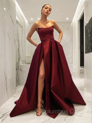 Ball Gown Strapless Sweep Train Satin Corset Prom Dresses With Leg Slit outfit, Evening Dresses Formal