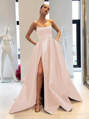 Ball Gown Strapless Sweep Train Satin Corset Prom Dresses With Leg Slit outfit, Evening Dresses Online Shop