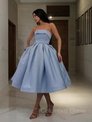 Ball Gown Strapless Tea-Length Satin Corset Homecoming Dresses With Ruffles Gowns, Prom Dresses 24