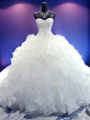 Ball-Gown Sweetheart Beading Cathedral Train Organza Corset Wedding Dress outfit, Wedding Dress Beautiful